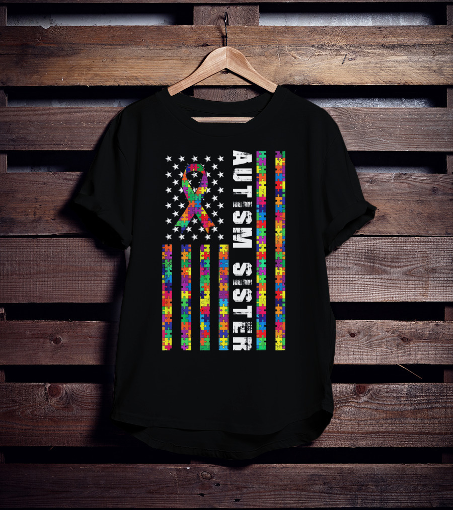 Autism Sister American Flag Puzzle Ribbon Autism Awareness T-Shirt