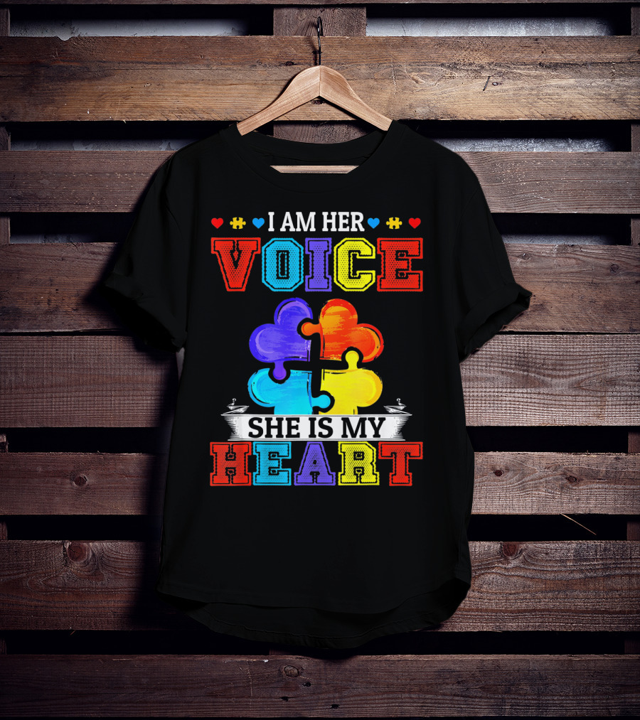 I Am Her Voice She Is My Heart Autism Puzzle Pieces T-Shirt