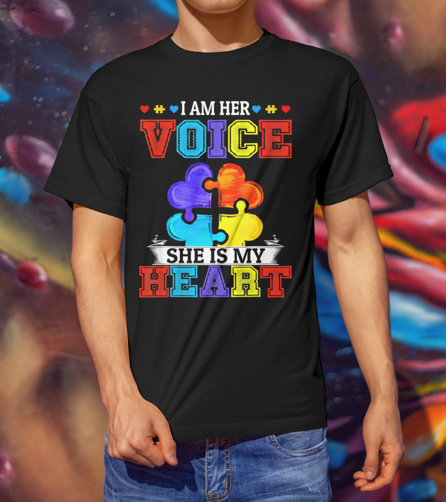 I Am Her Voice She Is My Heart Autism Puzzle Pieces T-Shirt