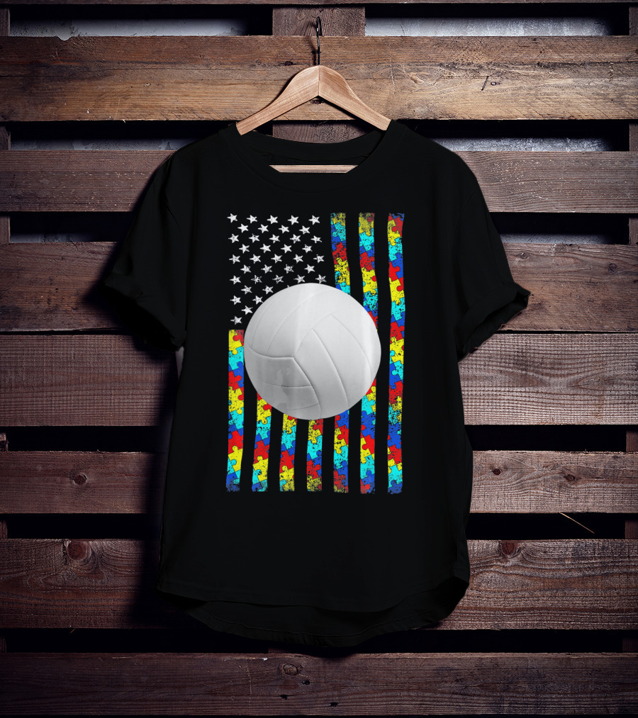 Autism Awareness Puzzle Flag Volleyball American Flag T-Shirt