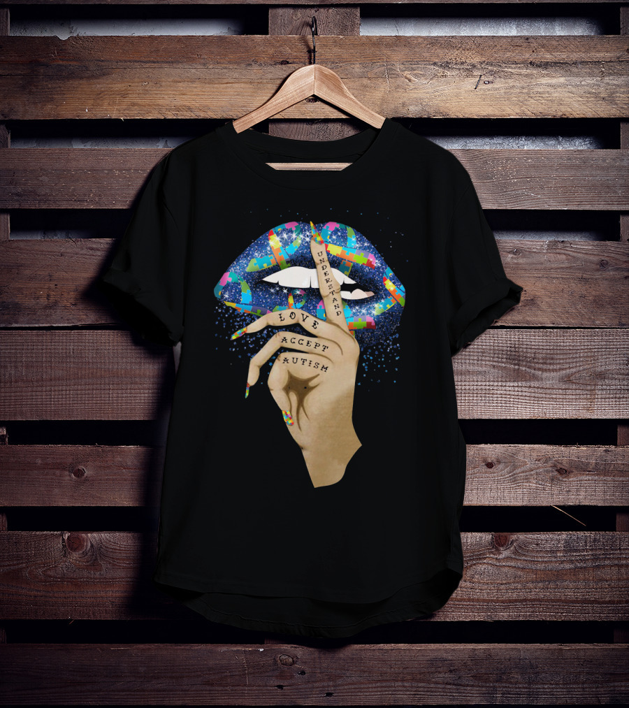 Love Understand Accept Autism Finger On Lips With Puzzle T-Shirt