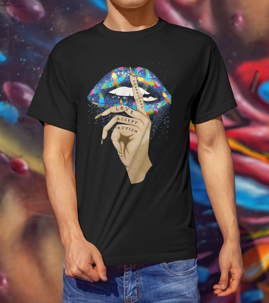 Love Understand Accept Autism Finger On Lips With Puzzle T-Shirt