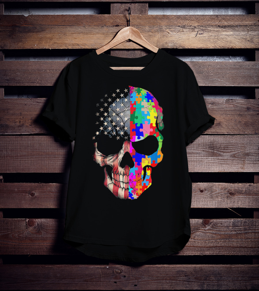 American Flag Autism Awareness Skull Puzzle Pieces Sku T-Shirt