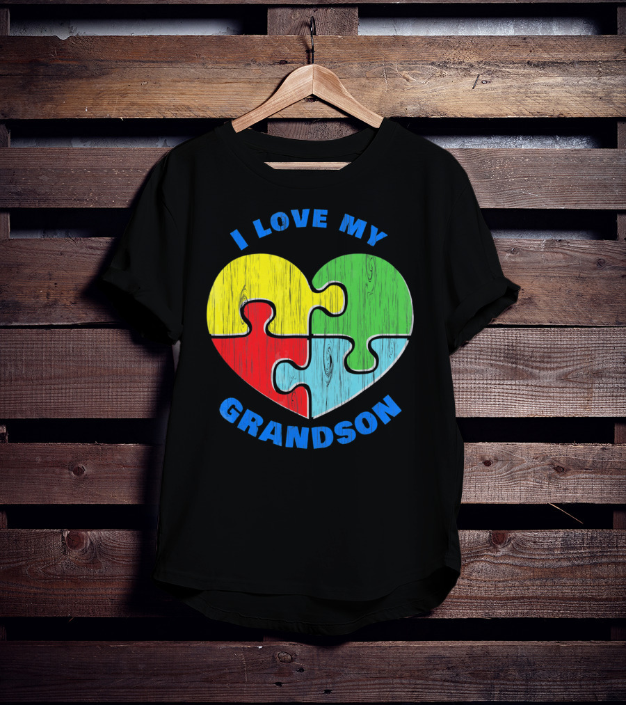 I Love My Grandson Puzzle Heart Autism Support T-Shirt