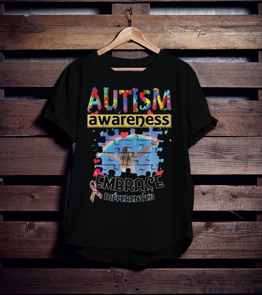 Autism Awareness Embrace Differences Puzzle Piece Rainbow T-Shirt
