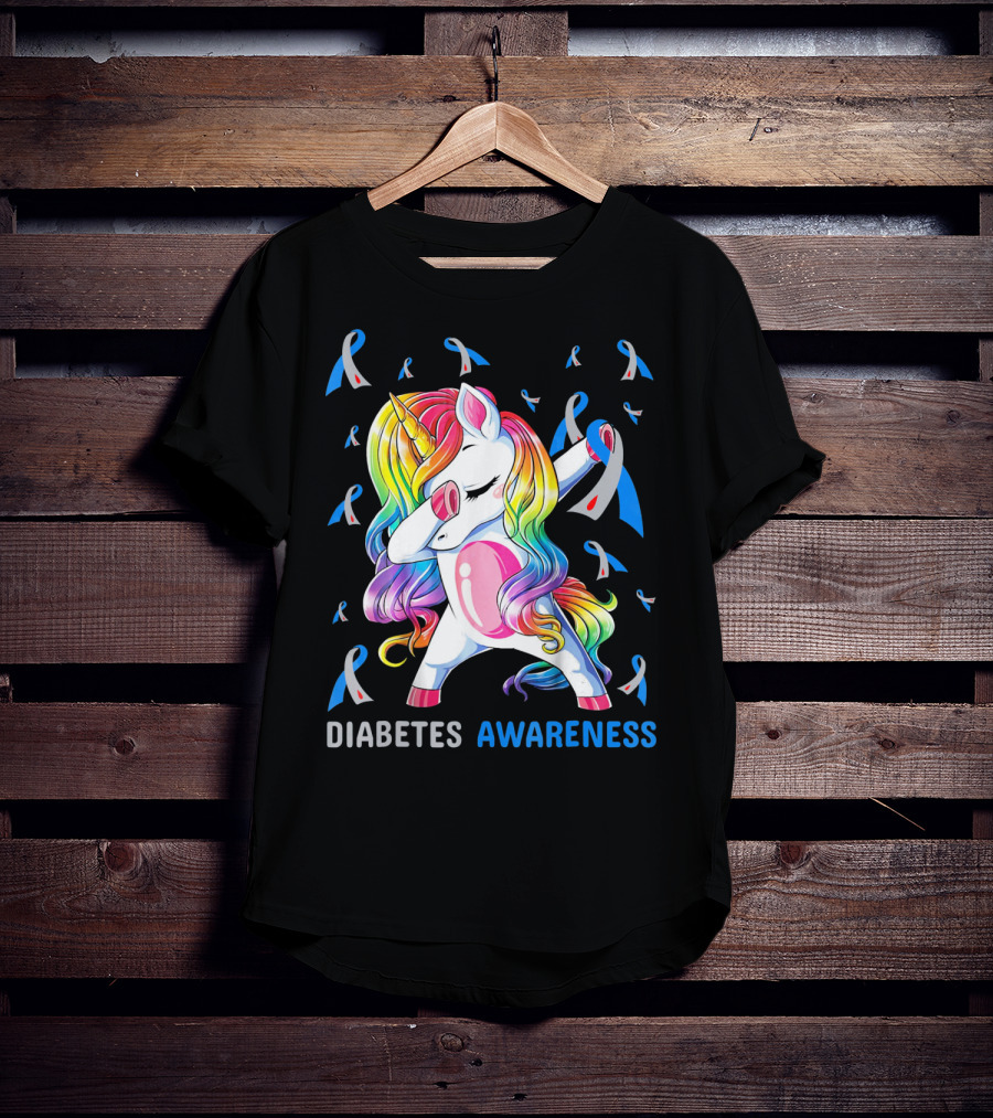 Diabetes Awareness Unicorn With Colorful Dabbing Pose And Ribbons T-Shirt