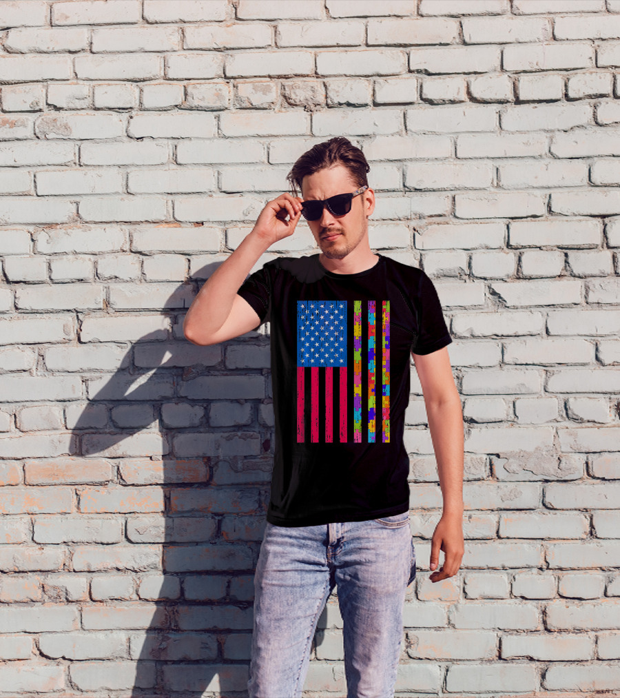 Autism Puzzle Piece American Flag USA T-Shirt