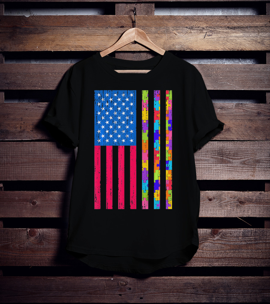 Autism Puzzle Piece American Flag USA T-Shirt