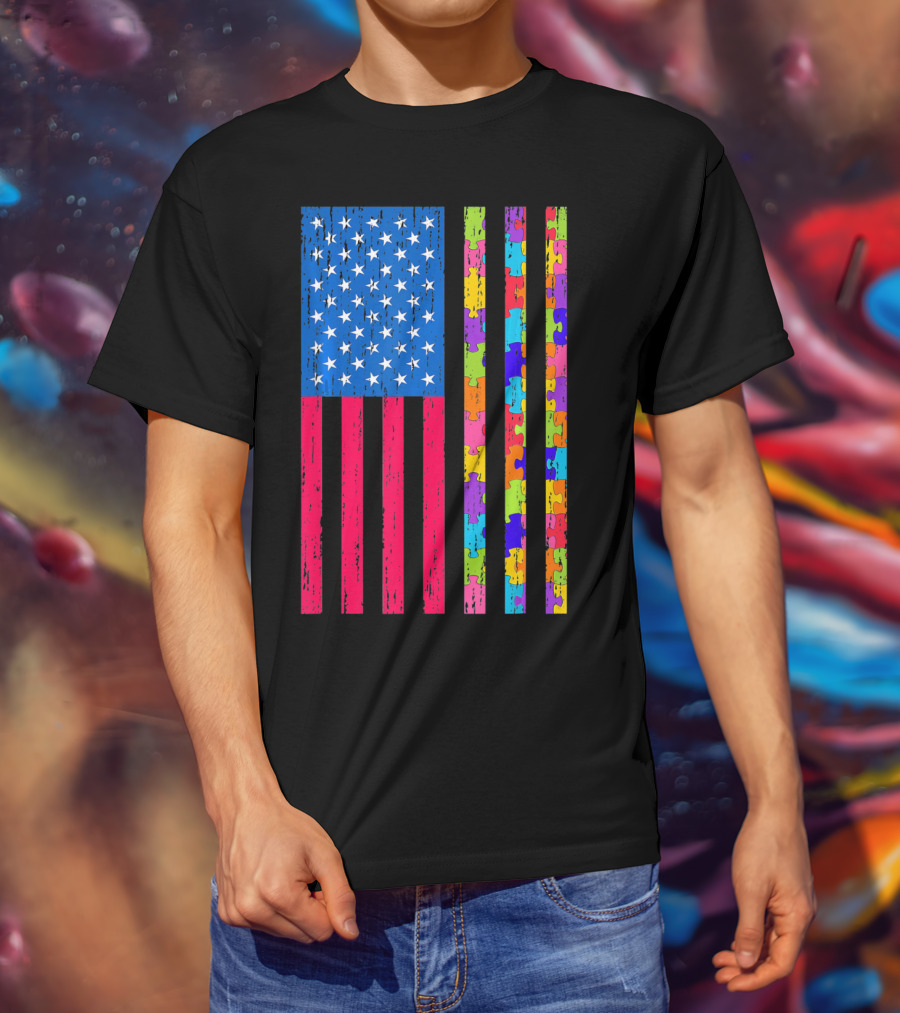 Autism Puzzle Piece American Flag USA T-Shirt