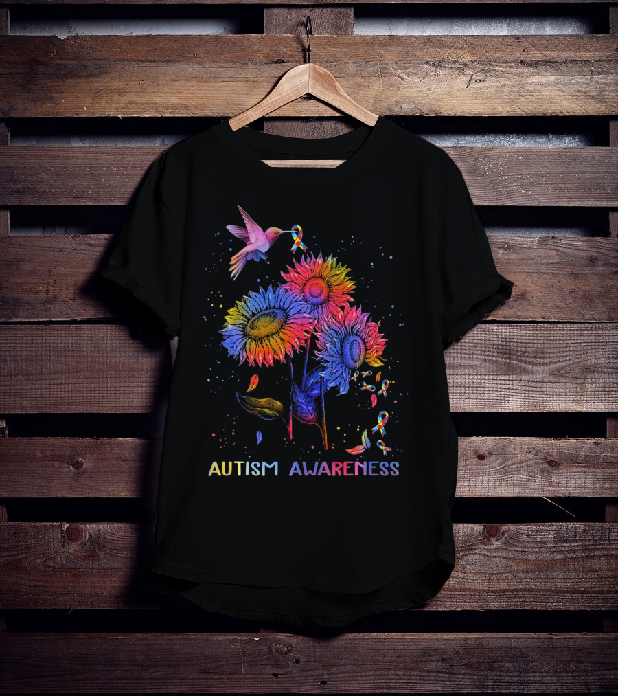 Autism Awareness Colorful Hummingbird And Sunflowers With Ribbons T-Shirt