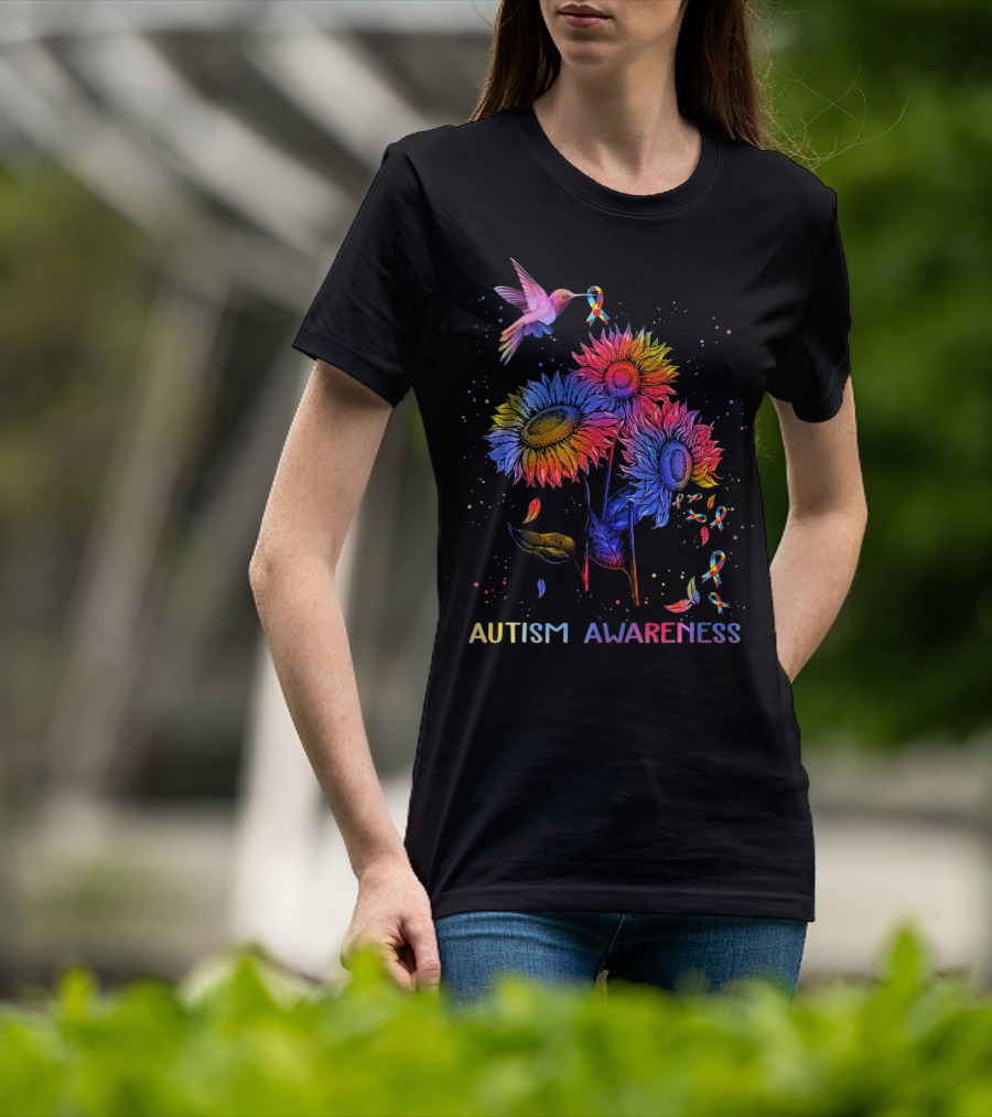 Autism Awareness Colorful Hummingbird And Sunflowers With Ribbons T-Shirt