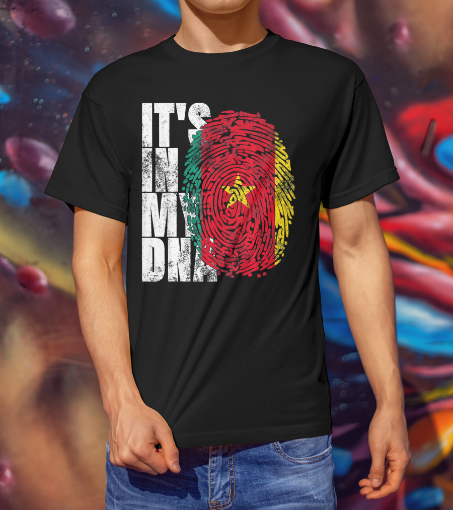 IT'S IN MY DNA Cameroonian Afro American Flag Fingerprint T-Shirt