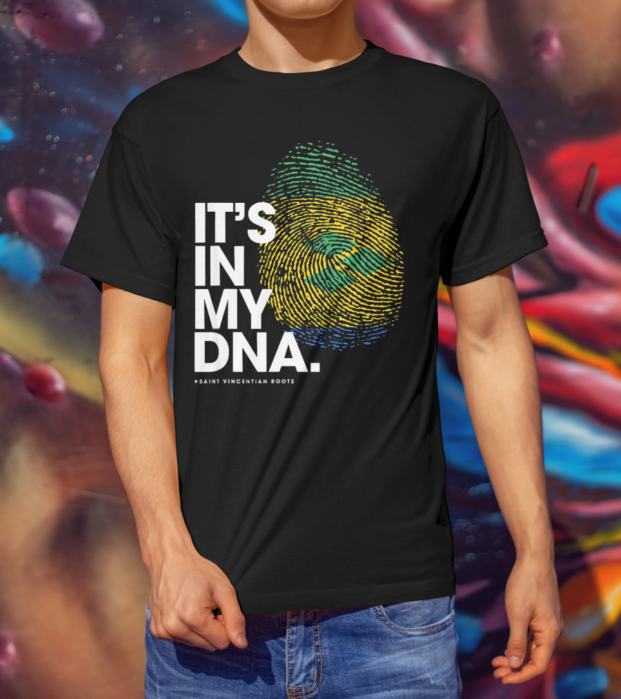 IT'S IN MY DNA Saint Vincentian Roots Fingerprint Flag Colors T-Shirt