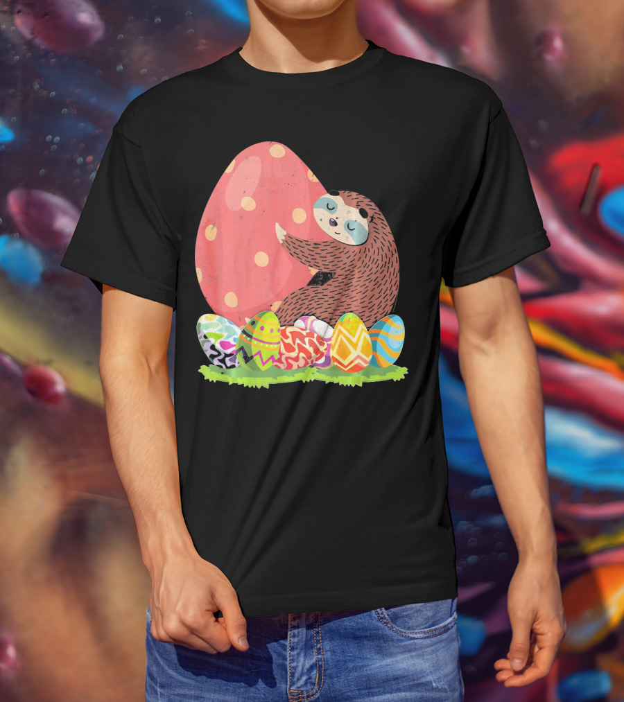 Girls Sloth Easter Women Funny Easter Egg Hug T-Shirt