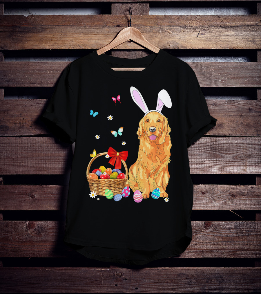 Golden Retriever Bunny Ears Easter Eggs Basket Butterflies T-Shirt