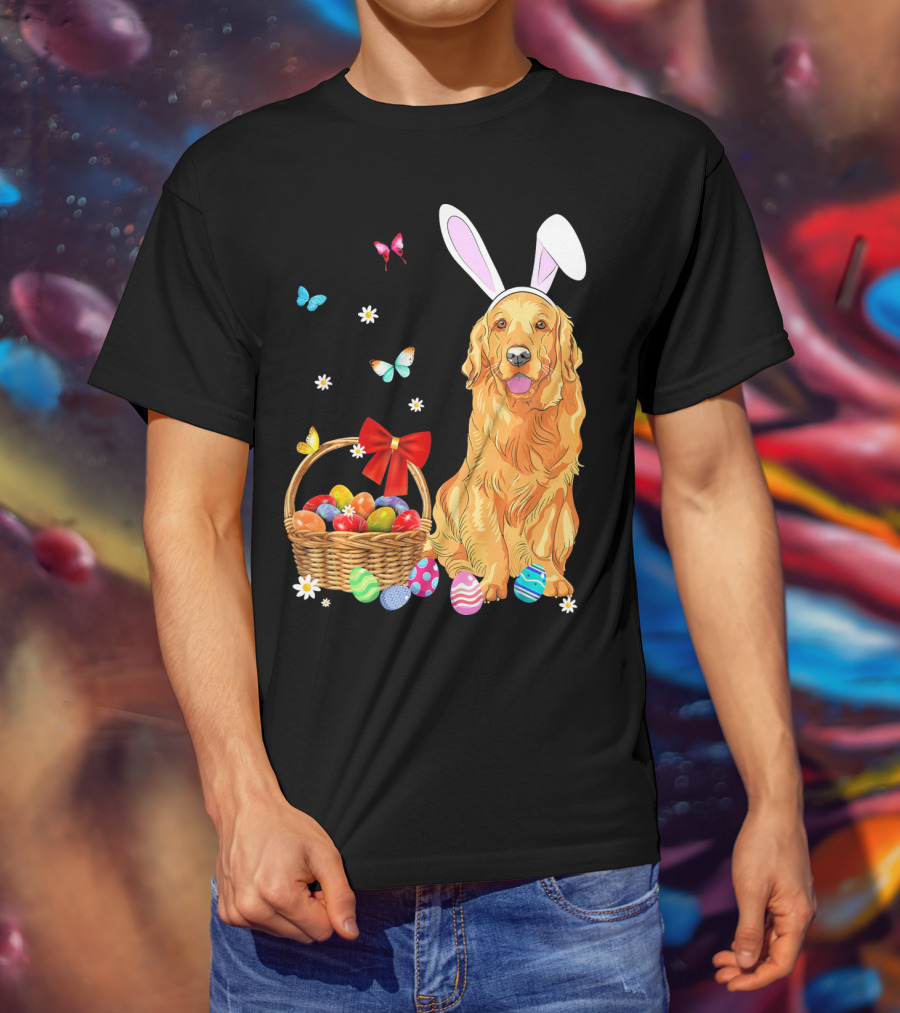 Golden Retriever Bunny Ears Easter Eggs Basket Butterflies T-Shirt