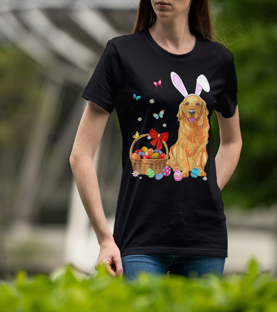 Golden Retriever Bunny Ears Easter Eggs Basket Butterflies T-Shirt