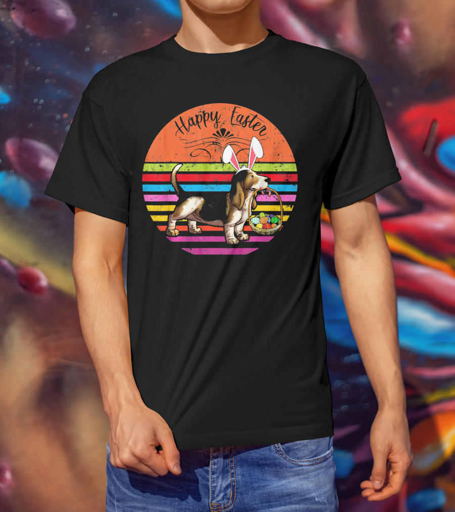 Vintage Basset Hound Dog Happy Easter Eggs T-Shirt