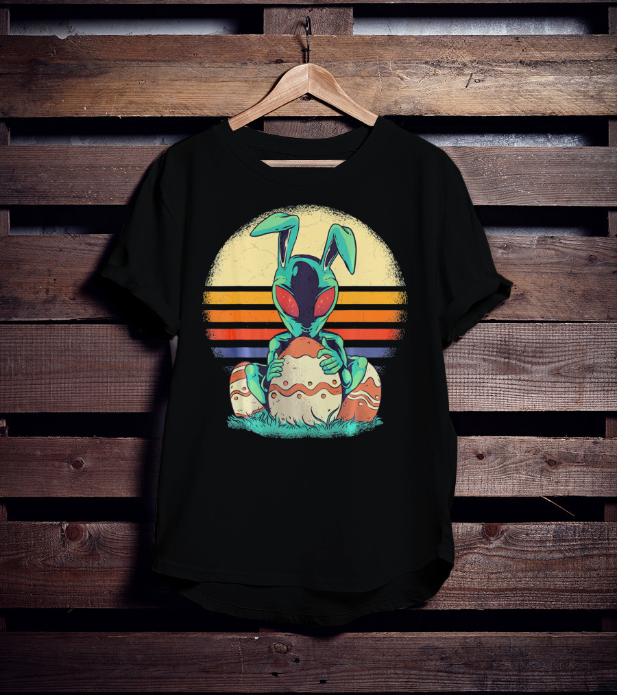 Easter Alien With Bunny Ears Holding Egg Sunset Stripes T-Shirt