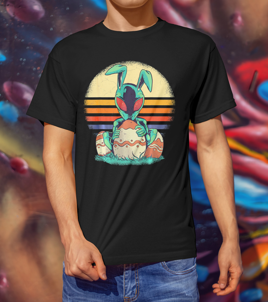 Easter Alien With Bunny Ears Holding Egg Sunset Stripes T-Shirt