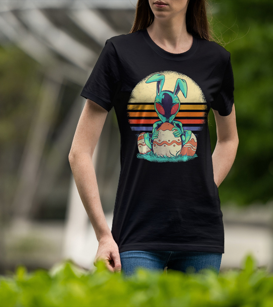 Easter Alien With Bunny Ears Holding Egg Sunset Stripes T-Shirt