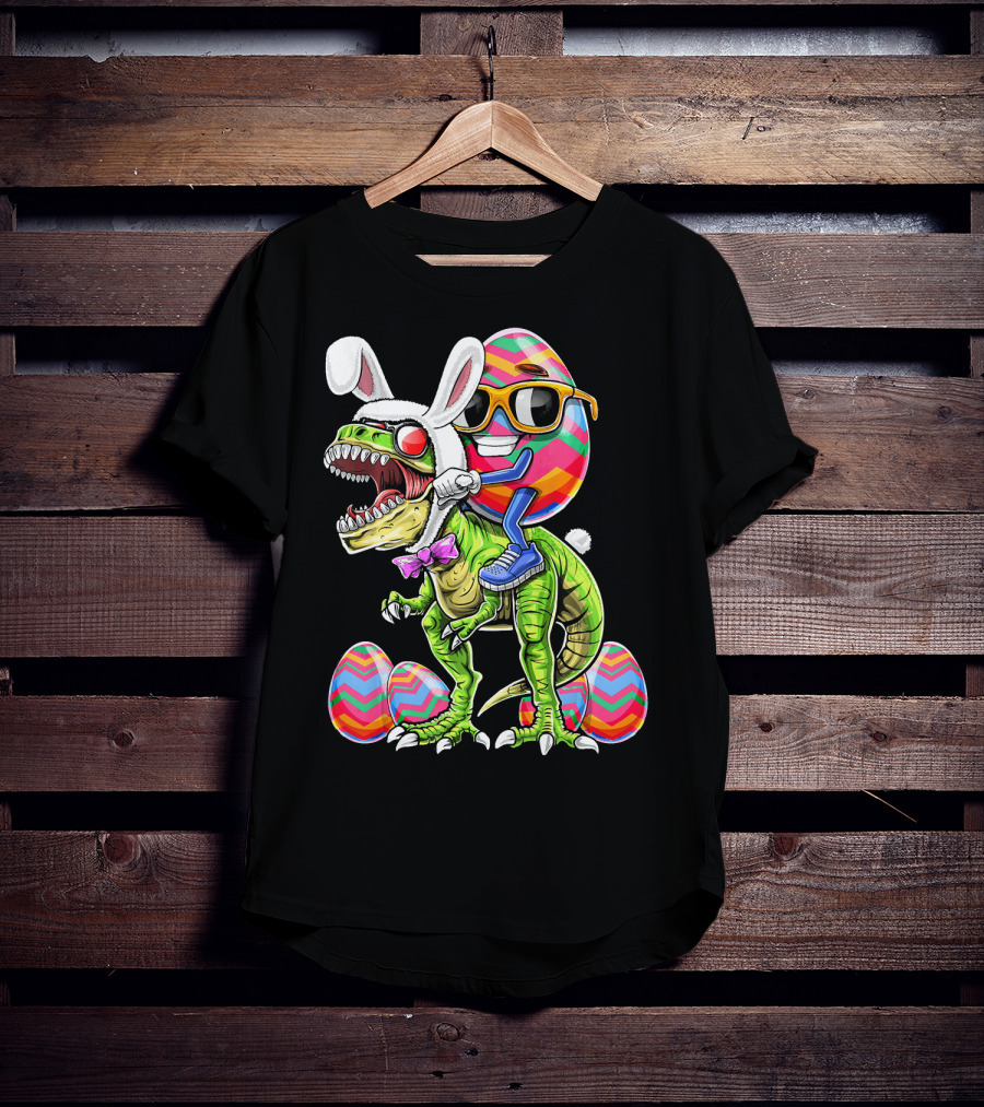 Easter Bunny Dinosaur With Egg Rabbit Ears And Sunglasses T-Shirt