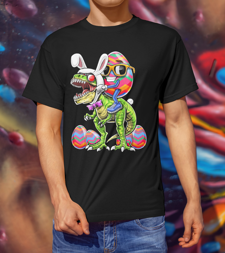 Easter Bunny Dinosaur With Egg Rabbit Ears And Sunglasses T-Shirt