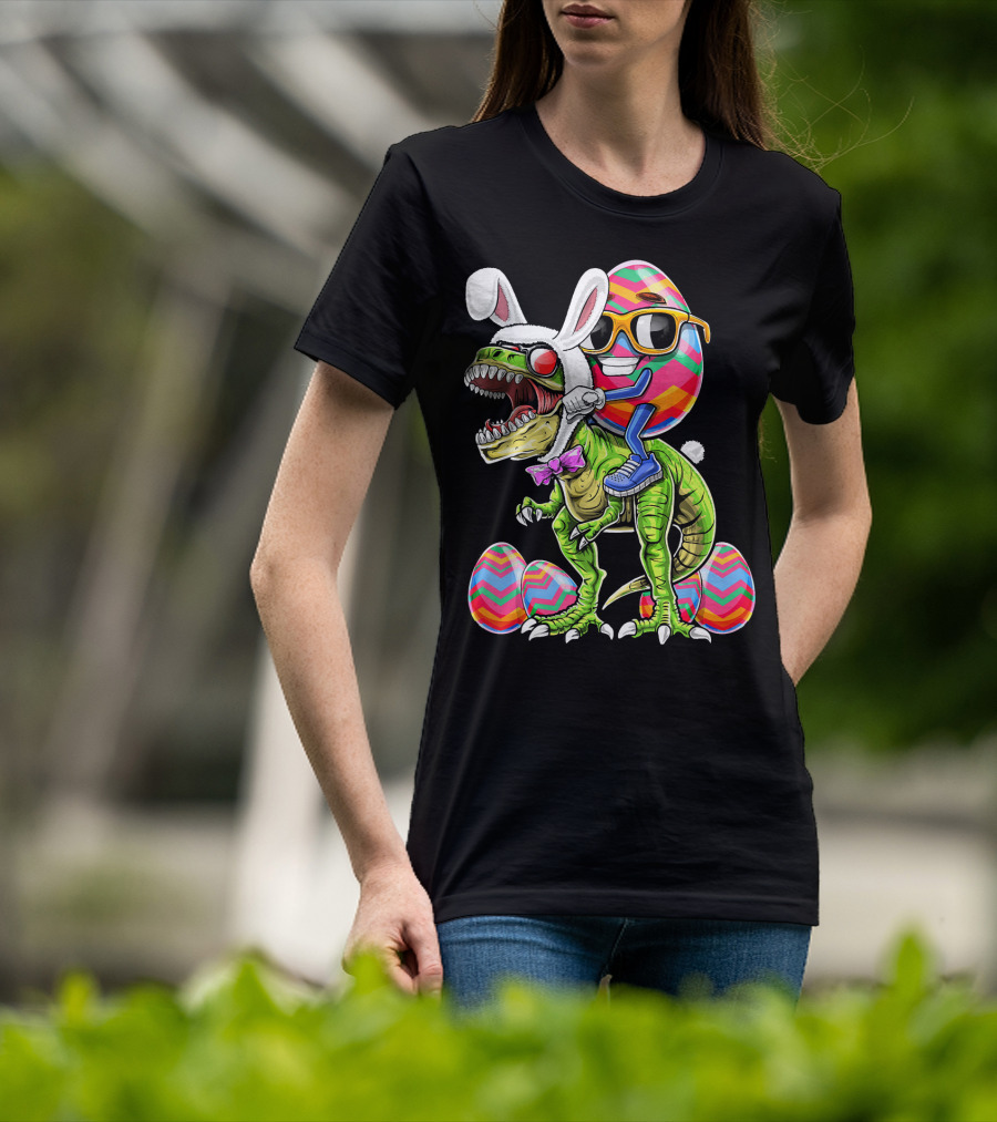 Easter Bunny Dinosaur With Egg Rabbit Ears And Sunglasses T-Shirt
