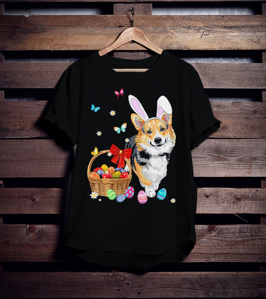 Welsh Corgi Bunny Ear Rabbit Easter Eggs Basket Butterflies T-Shirt