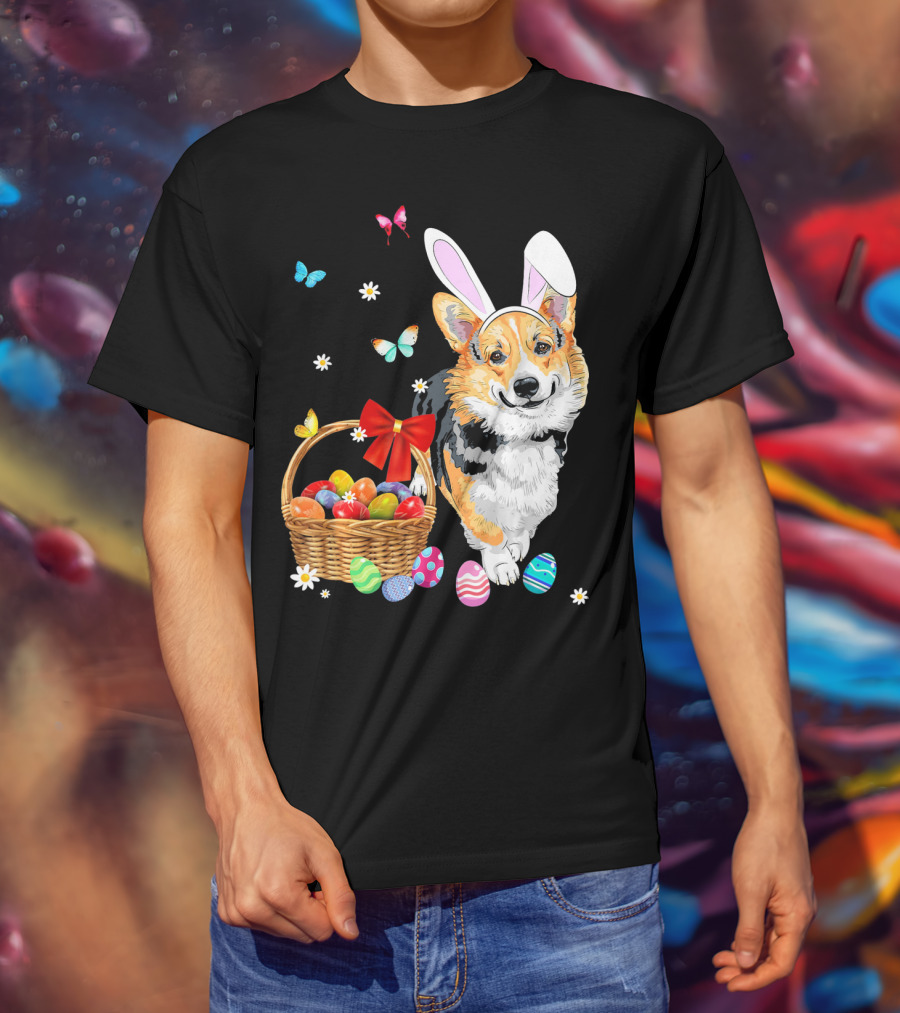 Welsh Corgi Bunny Ear Rabbit Easter Eggs Basket Butterflies T-Shirt