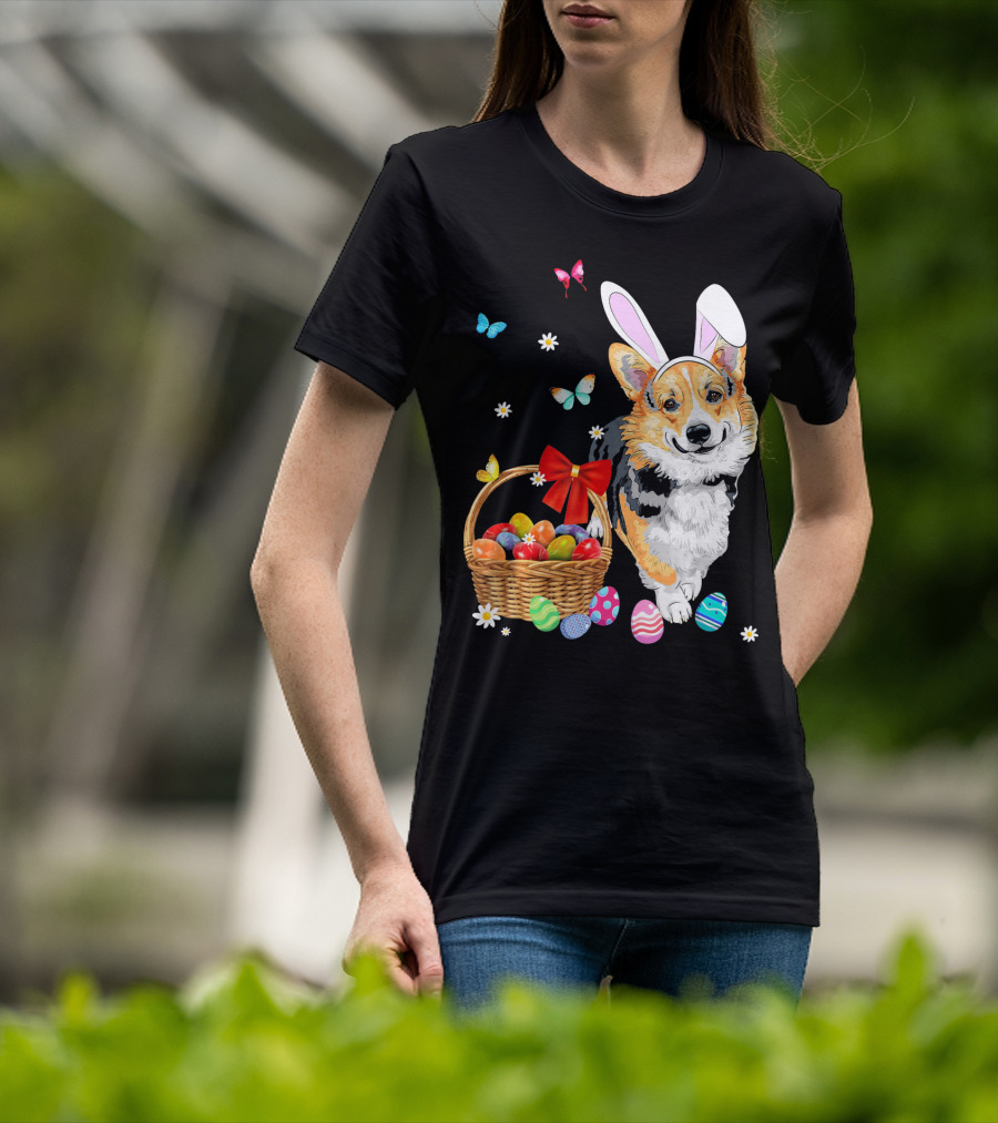Welsh Corgi Bunny Ear Rabbit Easter Eggs Basket Butterflies T-Shirt
