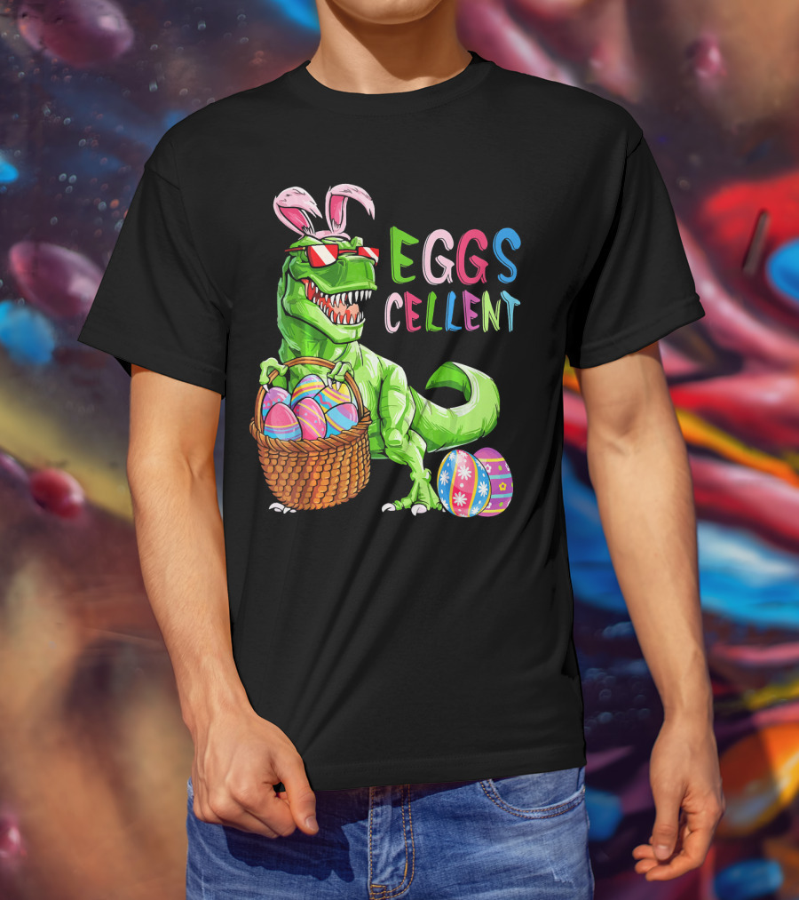 EGGS-cellent Green Dinosaur With Bunny Ears And Easter Eggs T-Shirt