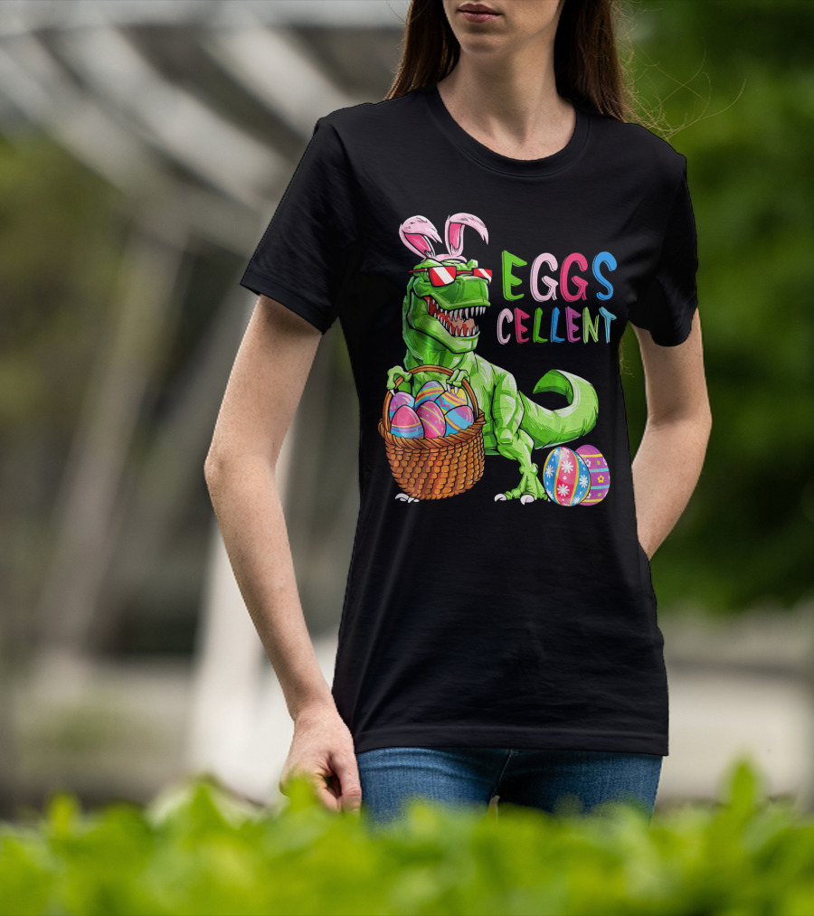 EGGS-cellent Green Dinosaur With Bunny Ears And Easter Eggs T-Shirt