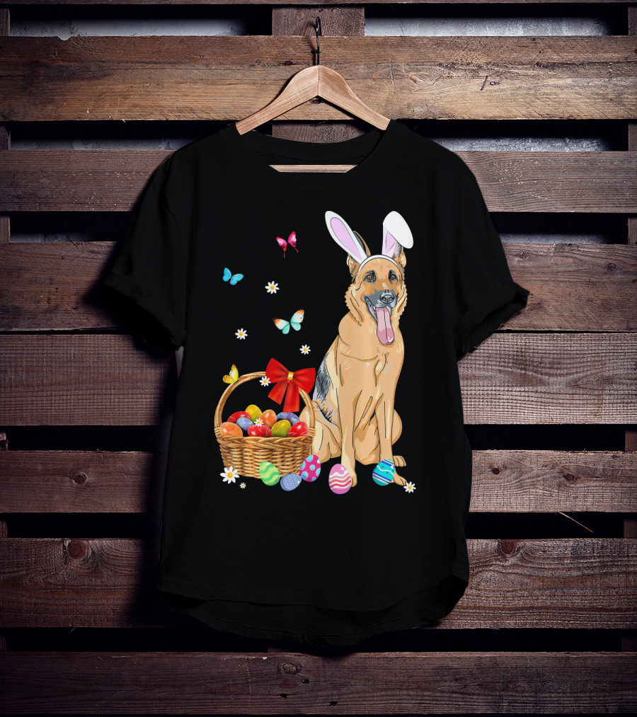 German Shepherd Bunny Ears Rabbit Easter Eggs Basket Butterflies T-Shirt