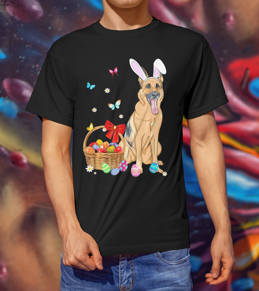 German Shepherd Bunny Ears Rabbit Easter Eggs Basket Butterflies T-Shirt