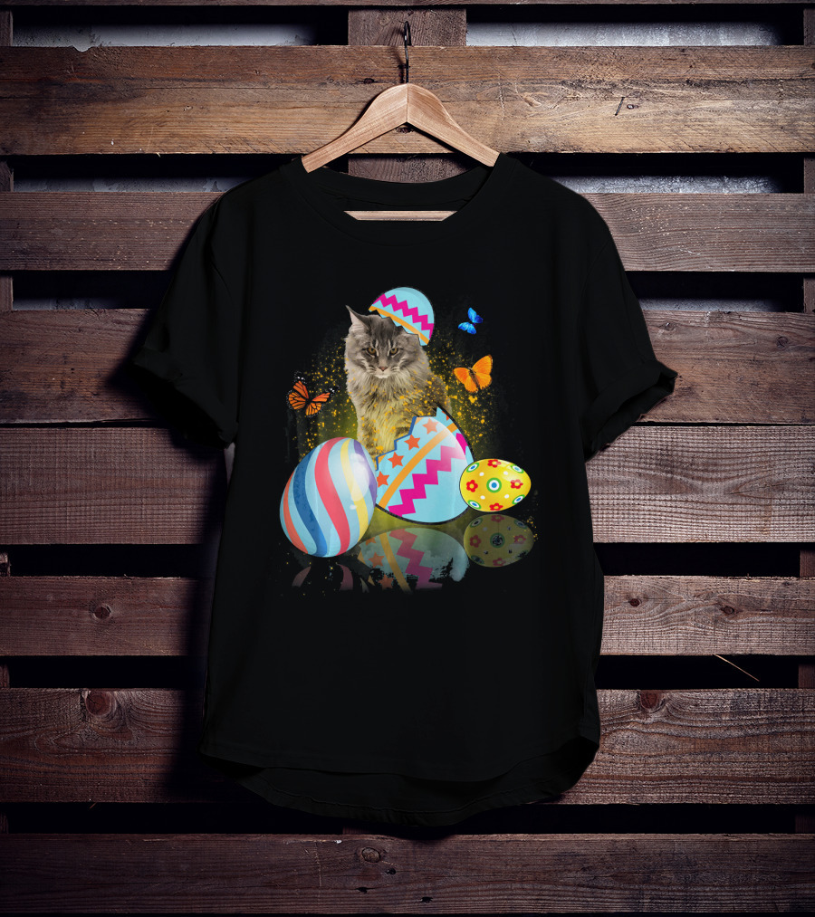 Funny Cat With Colorful Easter Eggs And Butterflies For Cat Lovers T-Shirt