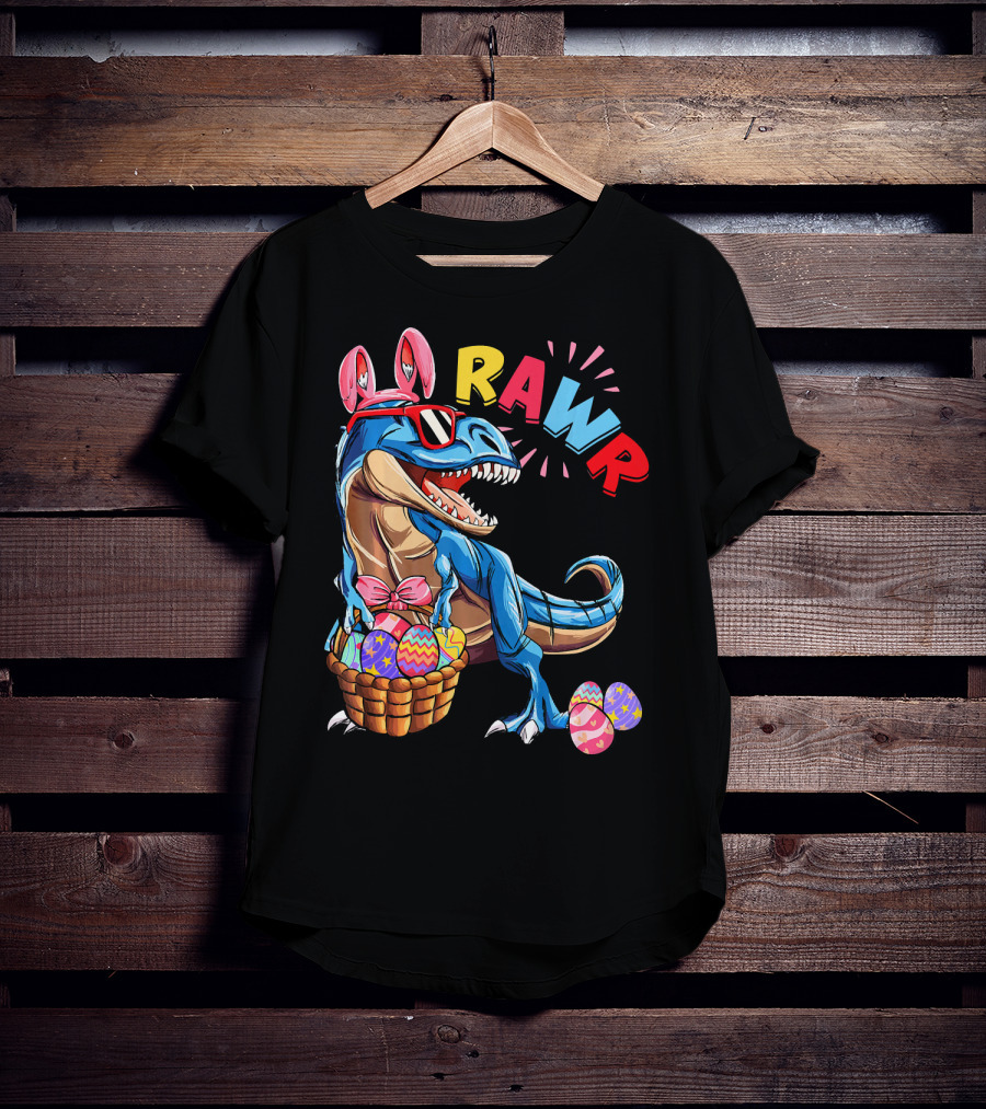Dinosaur Easter Bunny Rex Rawr With Eggs And Basket T-Shirt