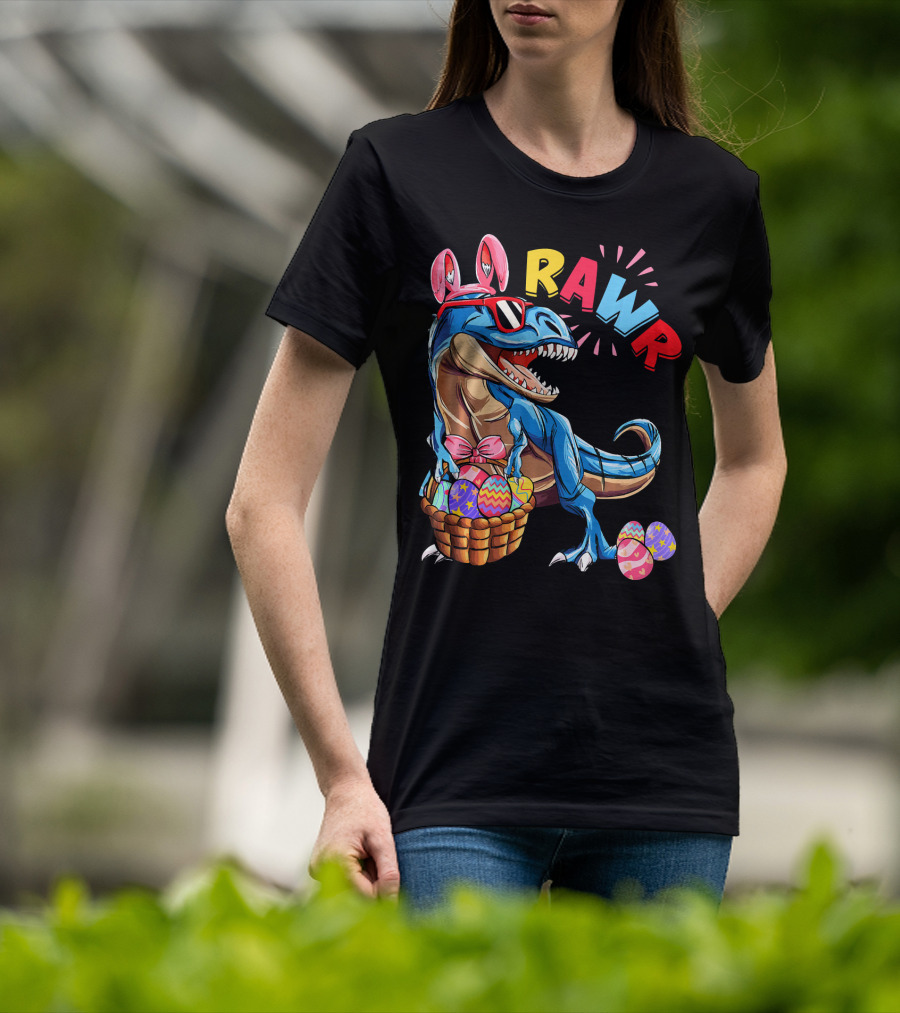 Dinosaur Easter Bunny Rex Rawr With Eggs And Basket T-Shirt
