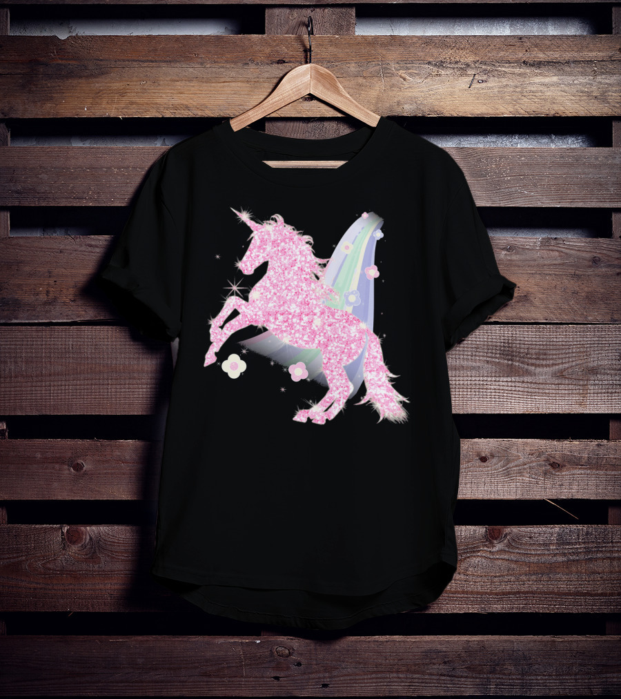 Pink Sparkle Unicorn With Easter Flowers And Rainbow Mane T-Shirt