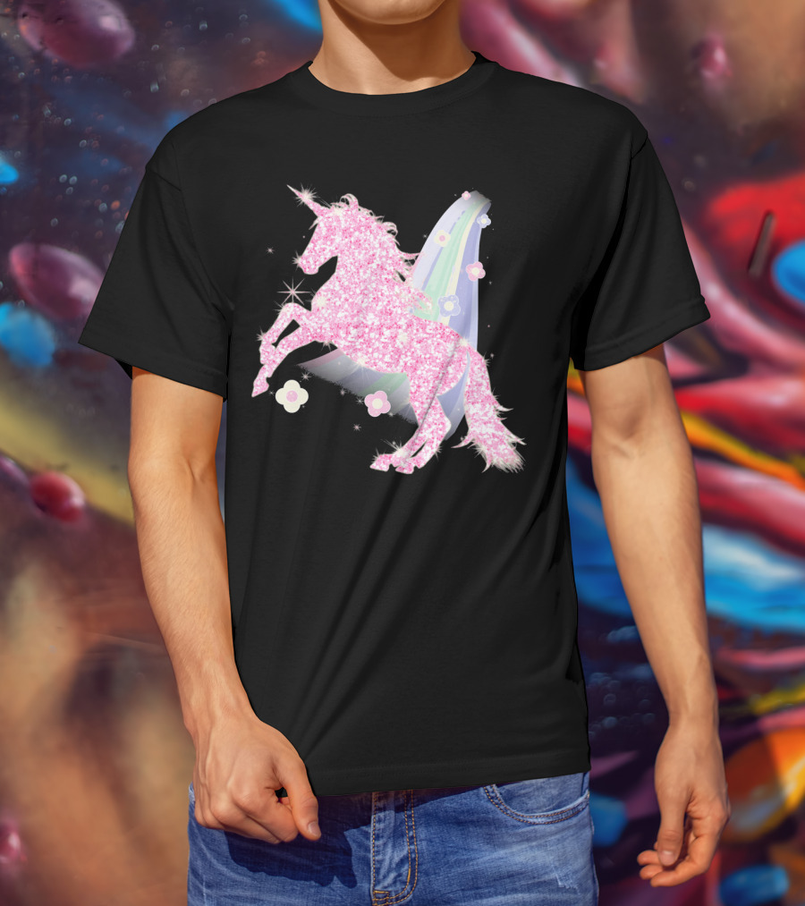 Pink Sparkle Unicorn With Easter Flowers And Rainbow Mane T-Shirt