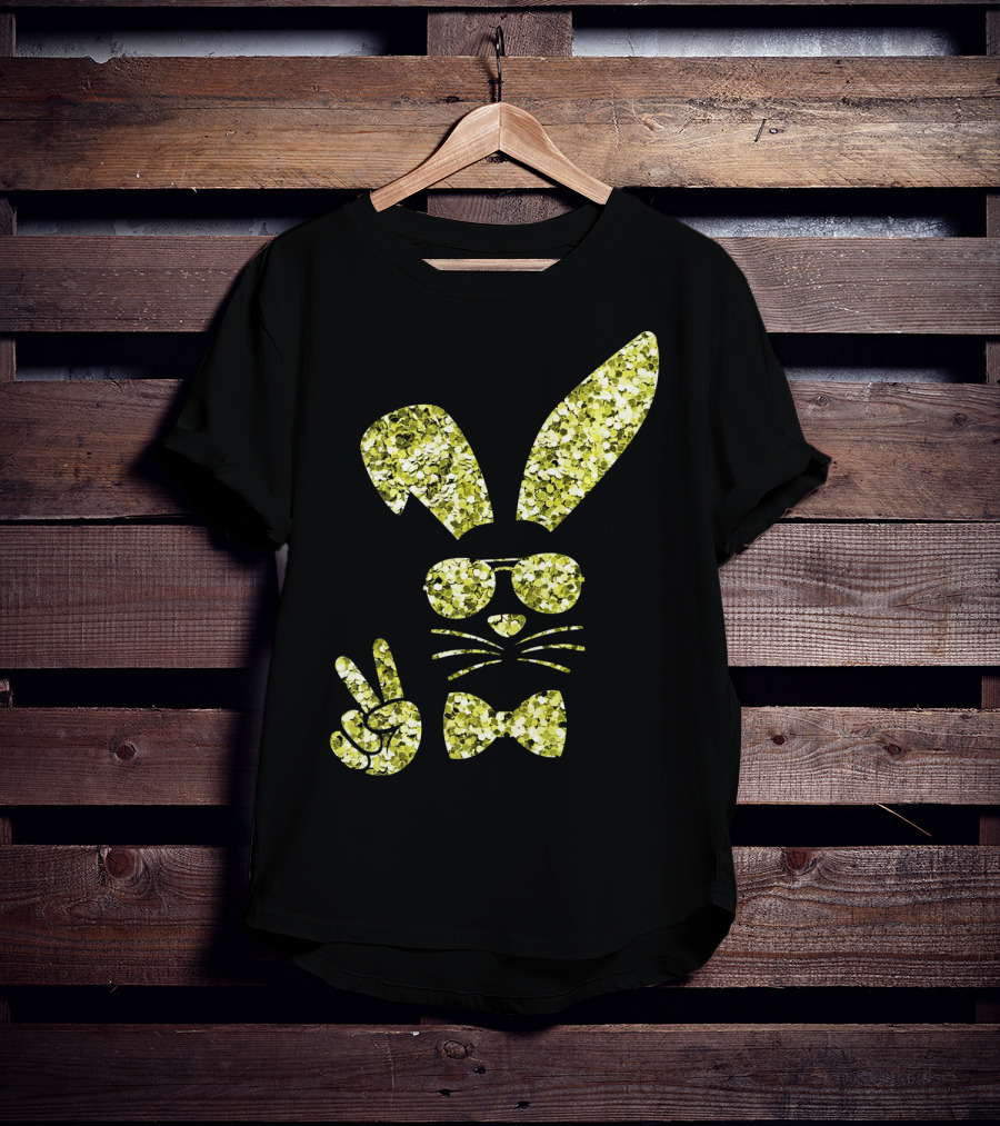 Easter Bunny Girls Cute Gold Glitter Bunny With Sunglasses And Bow Tie T-Shirt