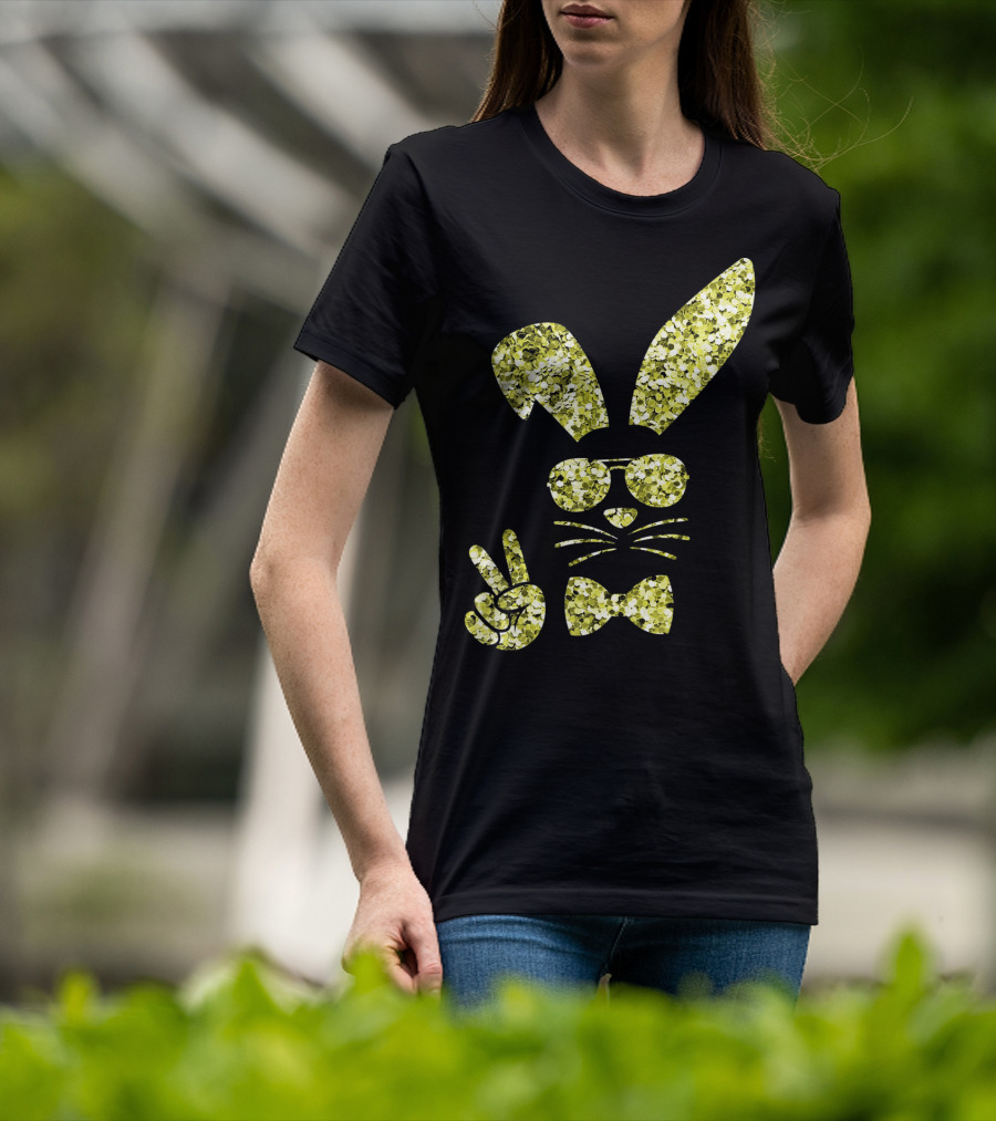 Easter Bunny Girls Cute Gold Glitter Bunny With Sunglasses And Bow Tie T-Shirt