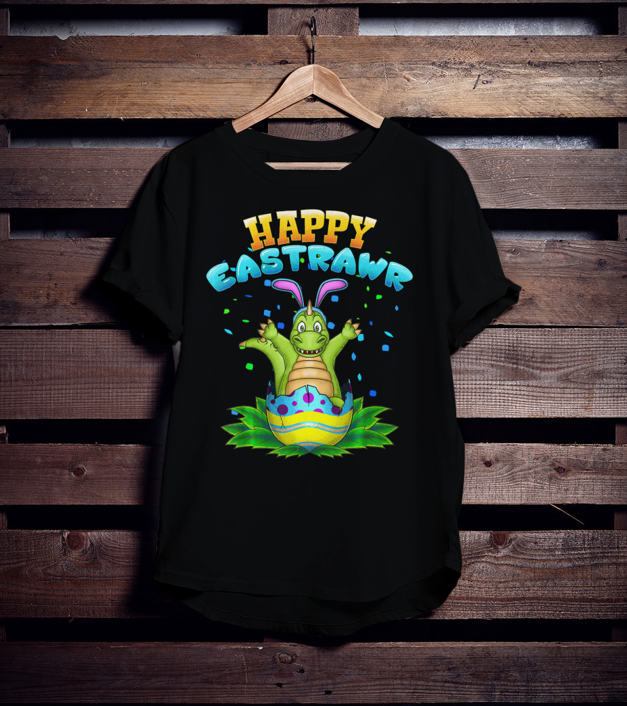 Happy Eastrawr Dinosaur In Easter Egg With Bunny Ears And Confetti T-Shirt