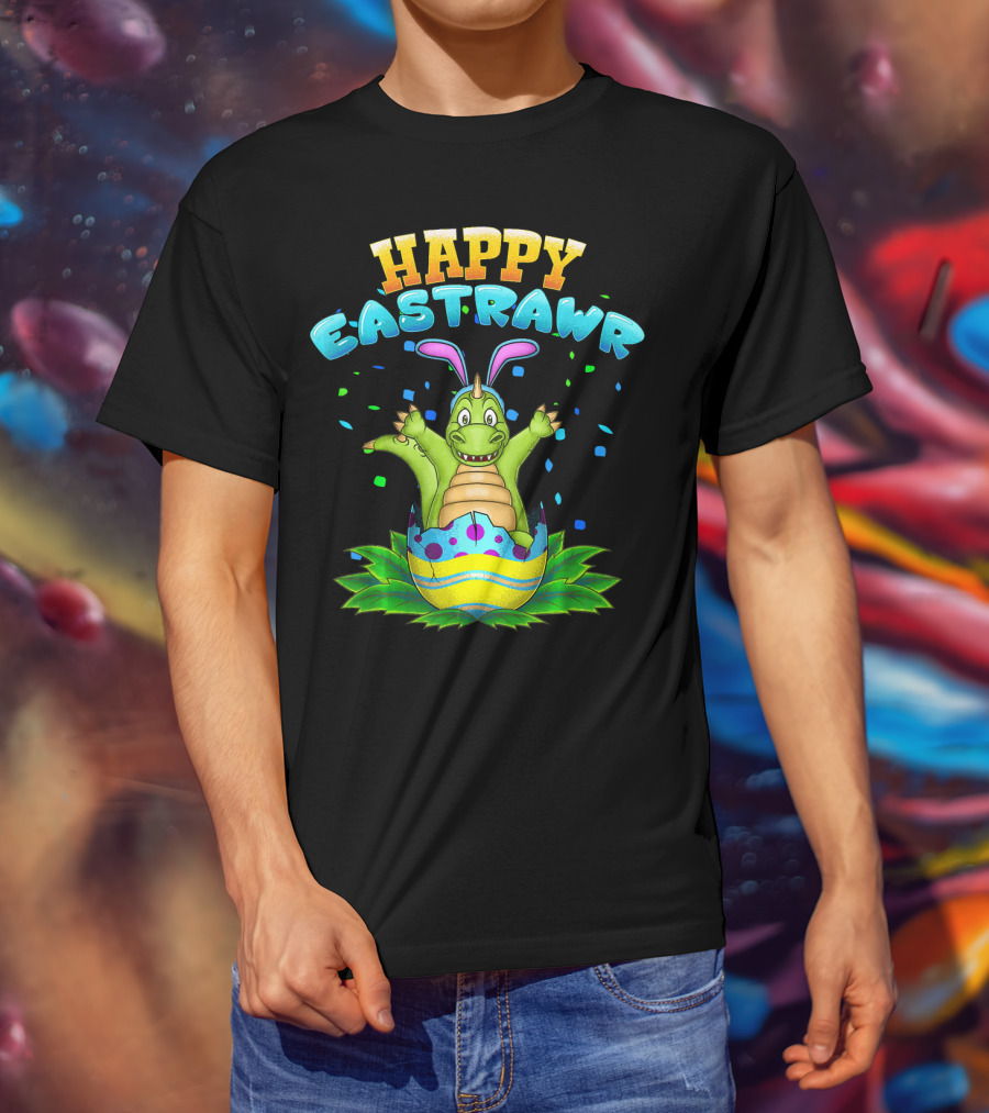 Happy Eastrawr Dinosaur In Easter Egg With Bunny Ears And Confetti T-Shirt