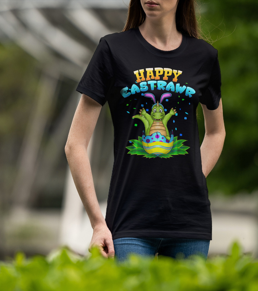 Happy Eastrawr Dinosaur In Easter Egg With Bunny Ears And Confetti T-Shirt