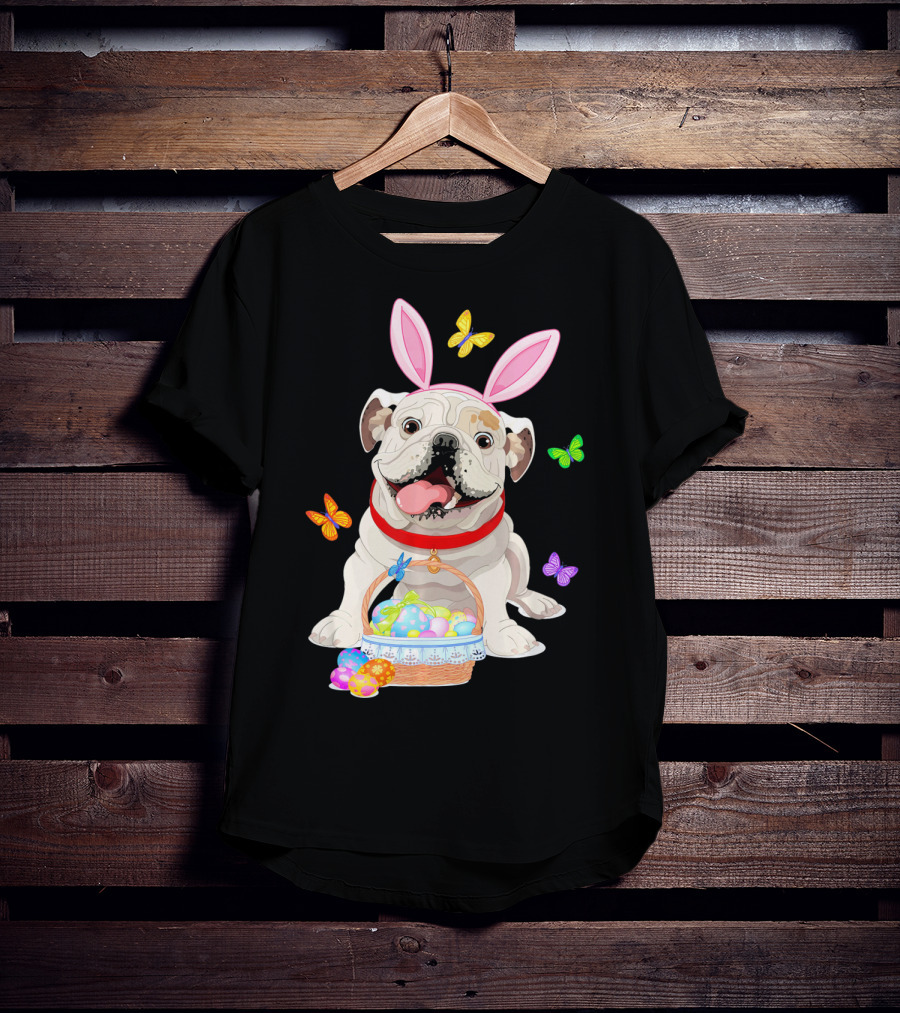 English Bulldog With Bunny Ears And Easter Egg Basket With Butterflies T-Shirt