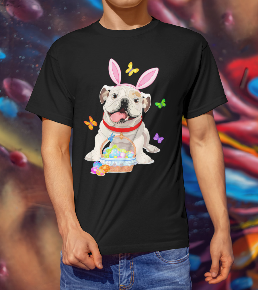 English Bulldog With Bunny Ears And Easter Egg Basket With Butterflies T-Shirt