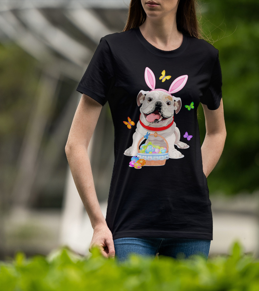 English Bulldog With Bunny Ears And Easter Egg Basket With Butterflies T-Shirt