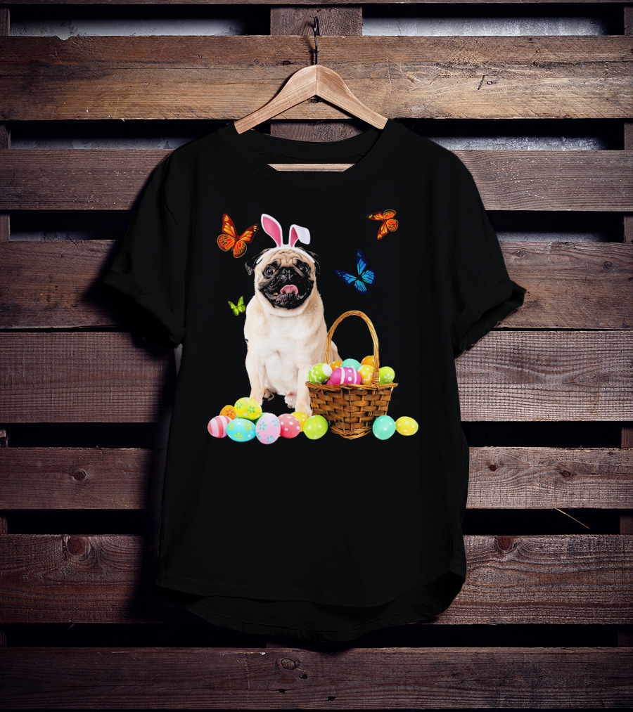 Pug With Bunny Ears And Easter Eggs With Colorful Butterflies T-Shirt