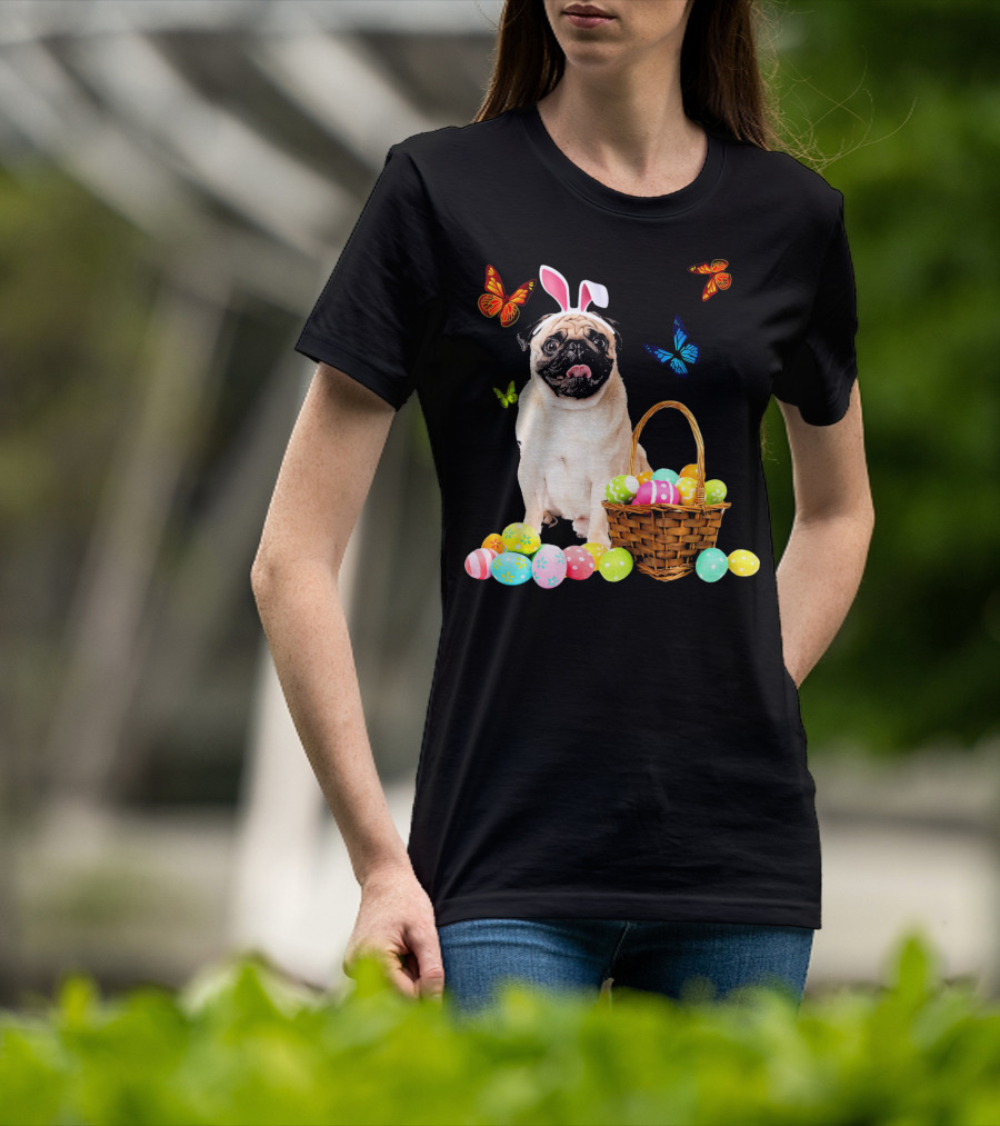 Pug With Bunny Ears And Easter Eggs With Colorful Butterflies T-Shirt